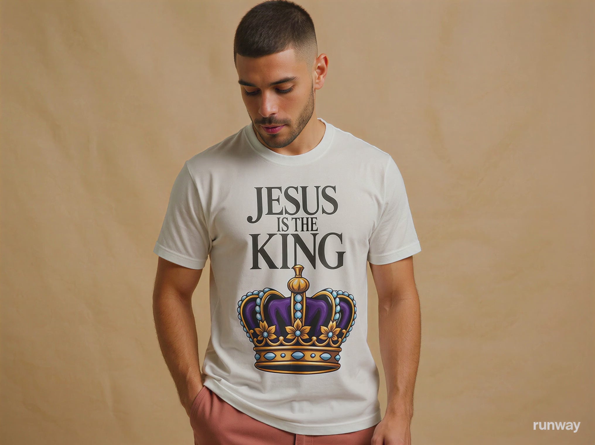 teen wearing J316 Label white Christian streetwear t-shirts. Front view features Jesus is the King graphic with crown.